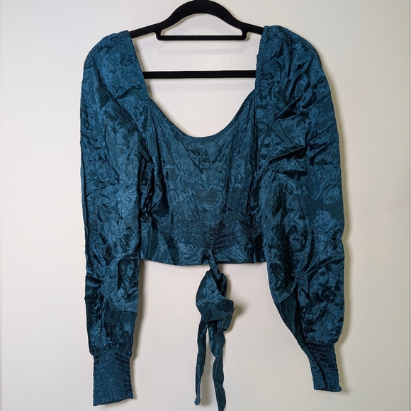 Free People Teal Jacquard Wrap Crop Top Large Romantic Boho NWT Cottagecore - Picture 2 of 4